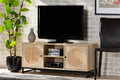 Baxton Studio Ardon Bohemian Light Brown Finished Wood and Black Metal 2-Door TV Stand with Natural Rattan