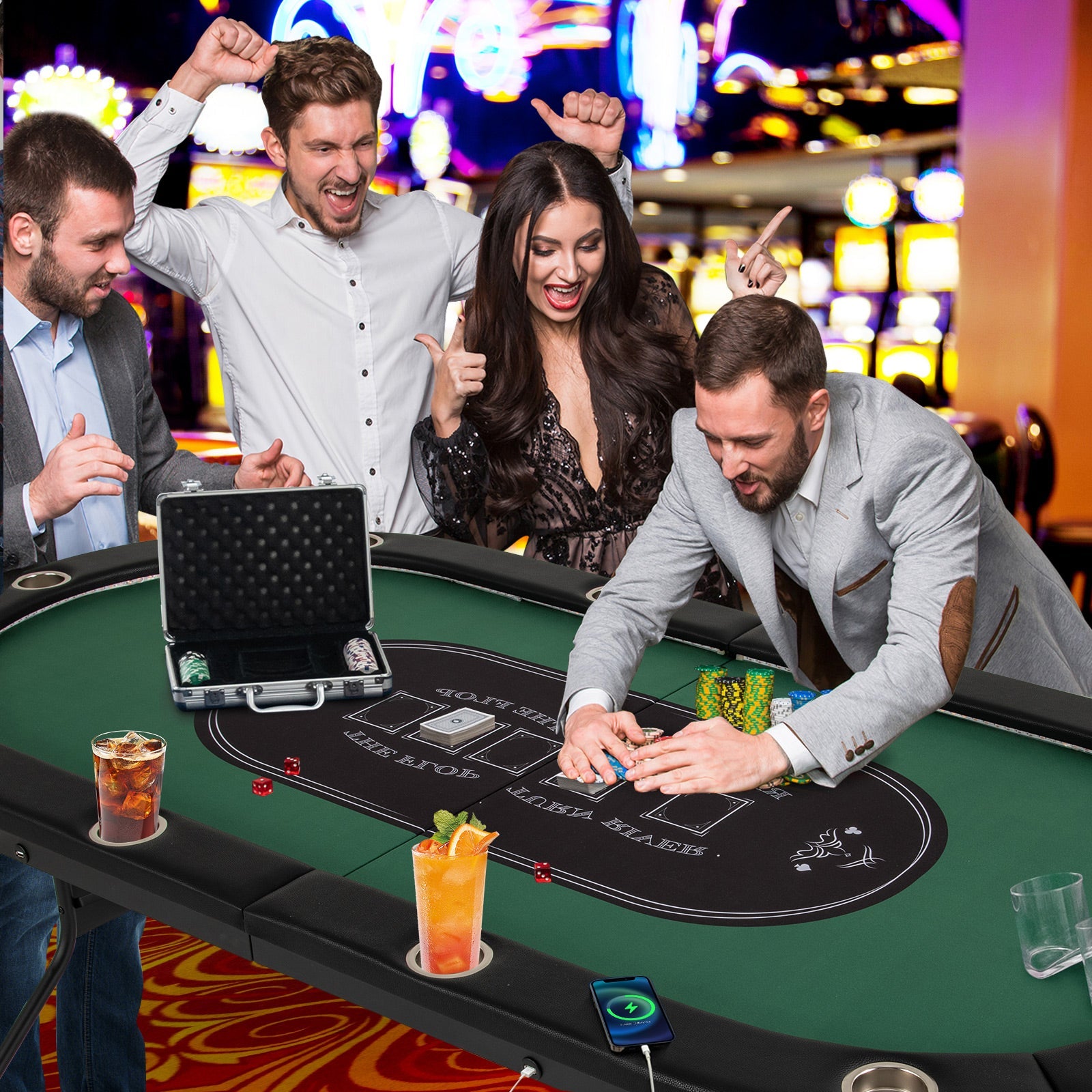 Full-Size 10-Player Poker Table with LED Lights