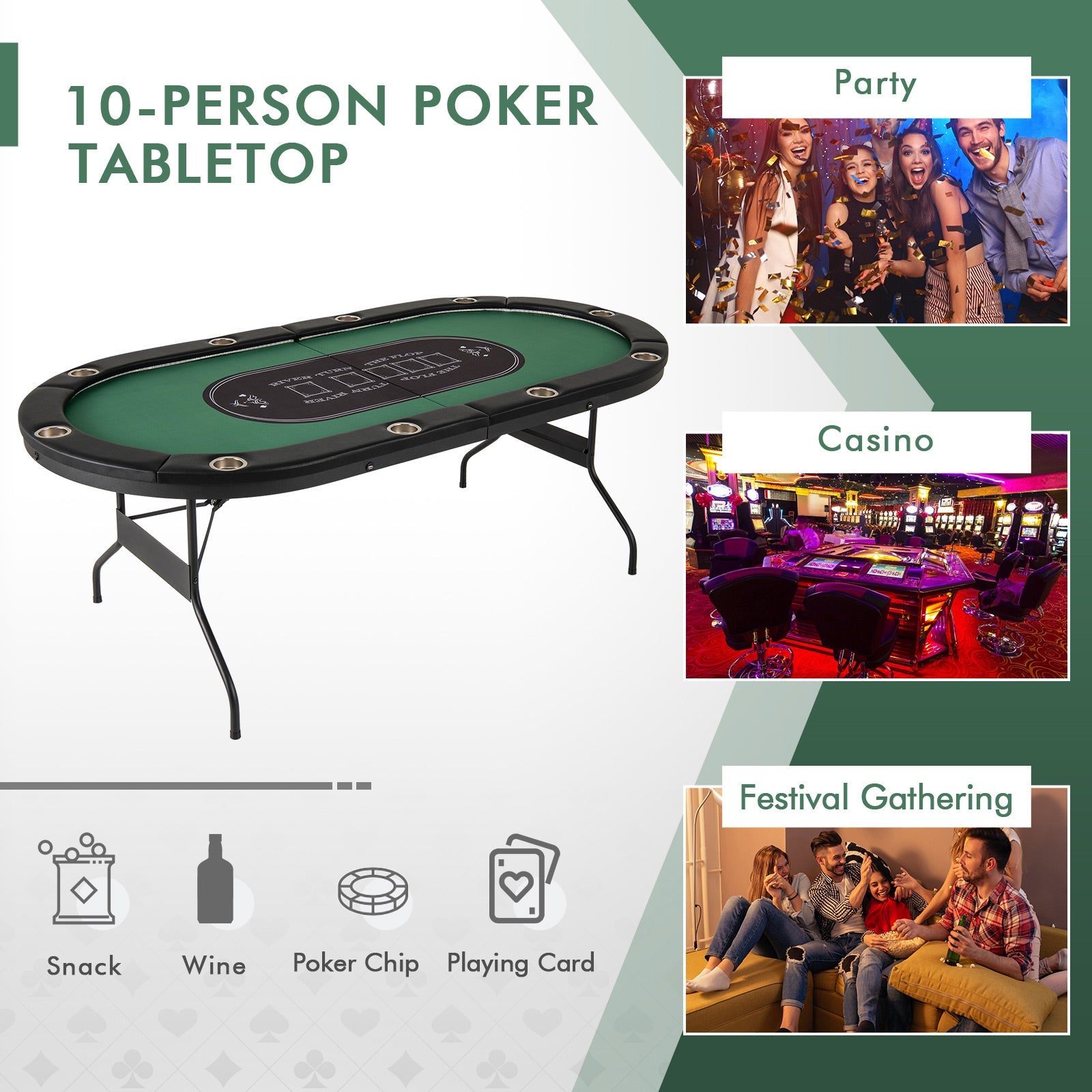 Full-Size 10-Player Poker Table with LED Lights